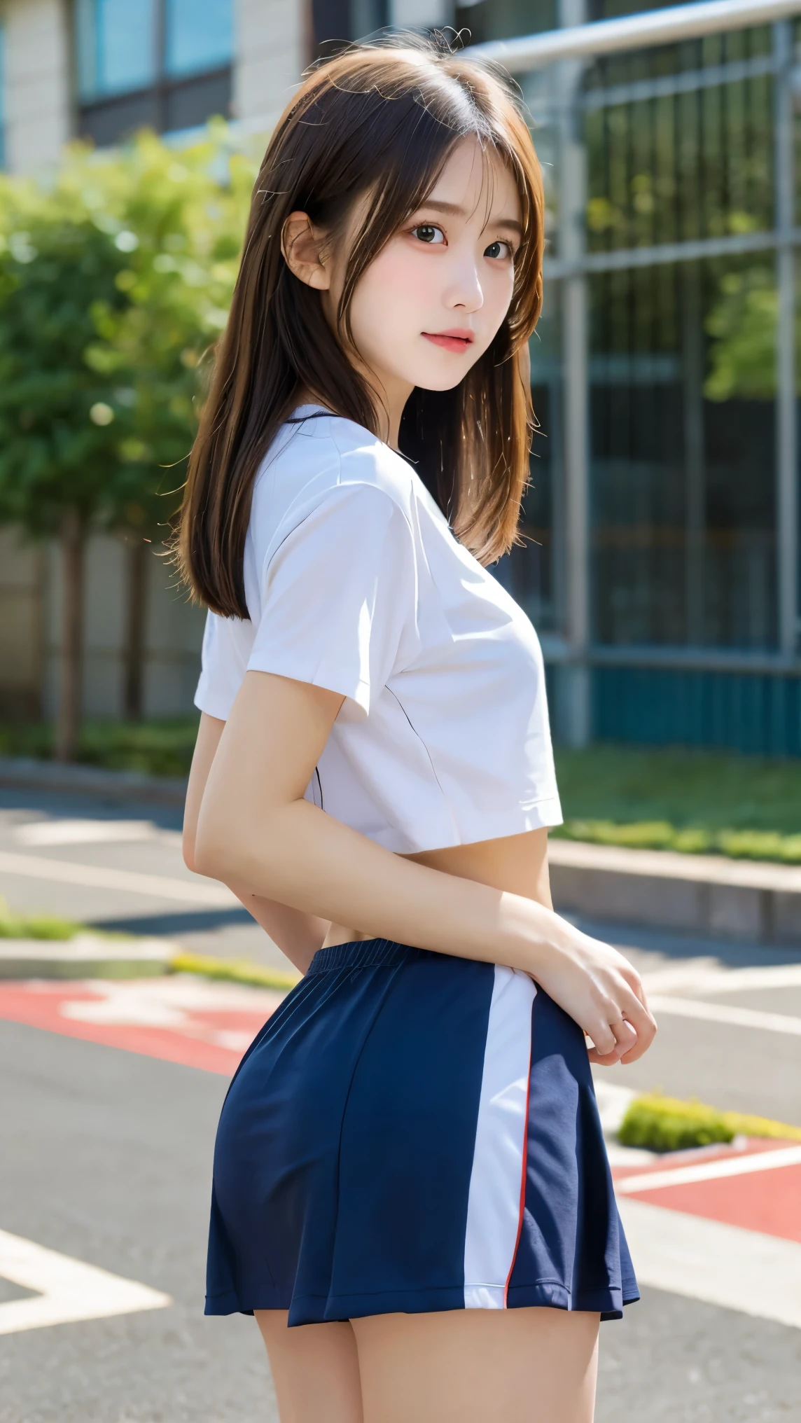 (Cute Face、大きな目のmasterpiece)、(Woman sticking her ass out to the viewer)、8k, RAW Portrait 、Anatomically correct body、Displaying the viewer、Detailed fingers、Detailed eyes、Braid、fine grain、Browsing Caution.(Japanese women),masterpiece、Realistic:1.2、Realistic, Ultra-high resolution, Highest quality, Real Life Photos 、Immersive、fine grain、Detailed face、Detailed skin、Detailed pores、Detailed anus、Very detailed、(Highest quality:1.0)、((Browsing Caution))、 ((1 female))、The most beautiful woman in the world、A faint smile、Perfect Style、look back、Twist your waist、Perfect Face、Beautiful Face、Dark brown hair、(((Cowboy Shot)))、Big Breasts、(Rear View)、((((Raise your eyebrows:1.4))))、shame、shameずかしい、((On the athletics grounds))、(((Shooting from below)))、((((The viewer grabs her ass:1.5))))、White socks、Japanese 、(((Japan athletic clothes、Japan High School Girl Uniform、White short sleeve shirt、Navy blue bloomers、Gymnastics)))、Turn away and stick your butt out、look back、Sweaty skin、((Dripping Skin))、((Pay attention to the butt))
