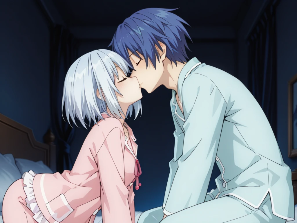 Shido Itsuka blue haired , tobiichi Origamie,  Date A Live, pajamas, romantic couple, goodnight kiss, Origami leaning over Shido, dark room.