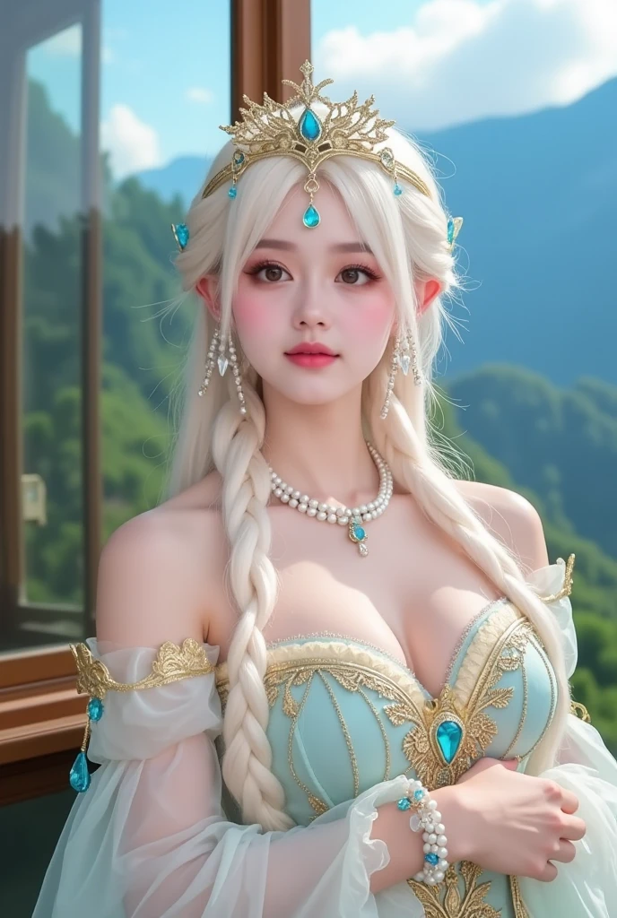 Vintage style fantasy, masterpiece, Great art, highest quality, One girl, Close-up Girl Nordic Princess, Scandinavian Mountains々, Winter Weather, Symmetrical and highly detailed face, Peach silky silky skin, Vivid and aggressive green eyes, White, messy hair down to her waist, Sculptural body, (spark: 0.7), Adobe Illustration, Artstation's Trand, 8k, High resolution, 超High resolution, Cold and soft lighting,