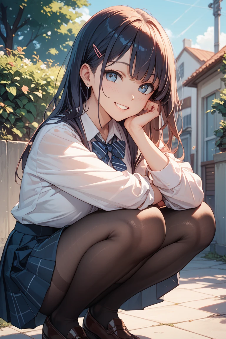 very cute and beautiful girl,(Very detailed美しい顔), (smile),blush,Black Hair,Seraphim,(White Shirt、Pleated navy blue pread your legs、Squat)、Sitting、(From below)、(Lacy white panties), Country road、Distant Tree々and the city, (Highest quality,masterpiece:1.0),Absurd,High resolution,Super detailed,Very detailed,32K,8k resolution, Intricate details,Movie Scenes,Detailed Background,alone,Dynamic Angle,