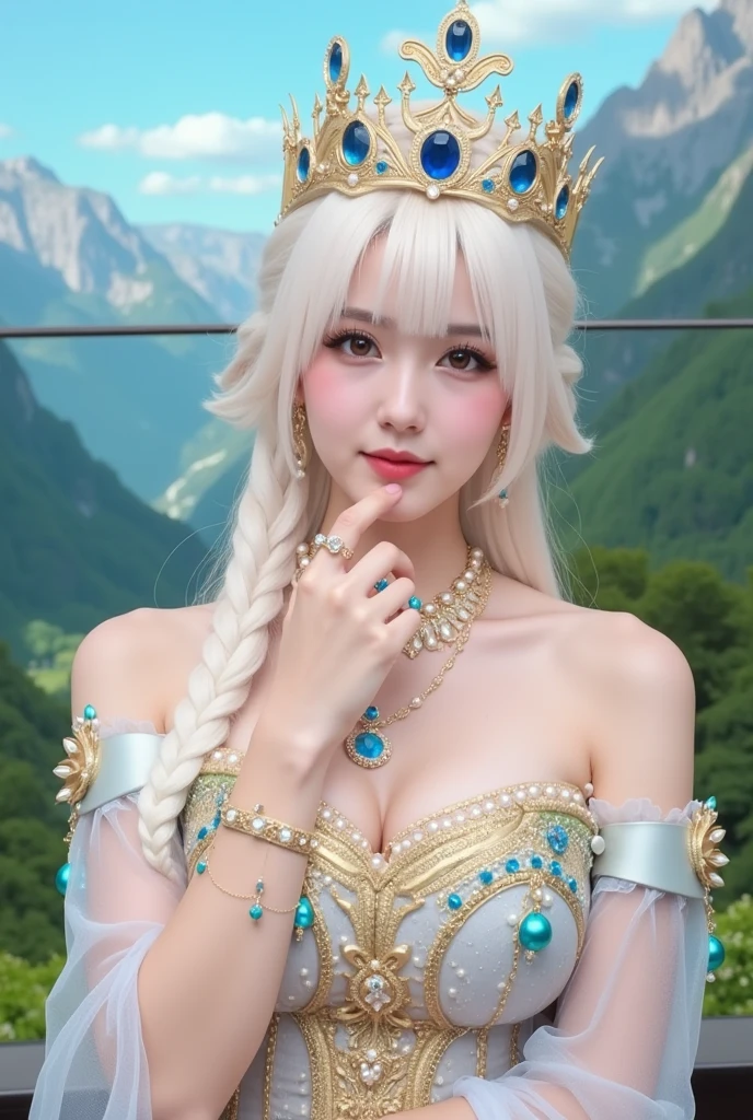 A girl with long white haired with tiara, blue eyes like jewels, wearing a dress covered with lace, smiling, standing in the field of lilies of the valley, portrait, 8k uhd, high quality