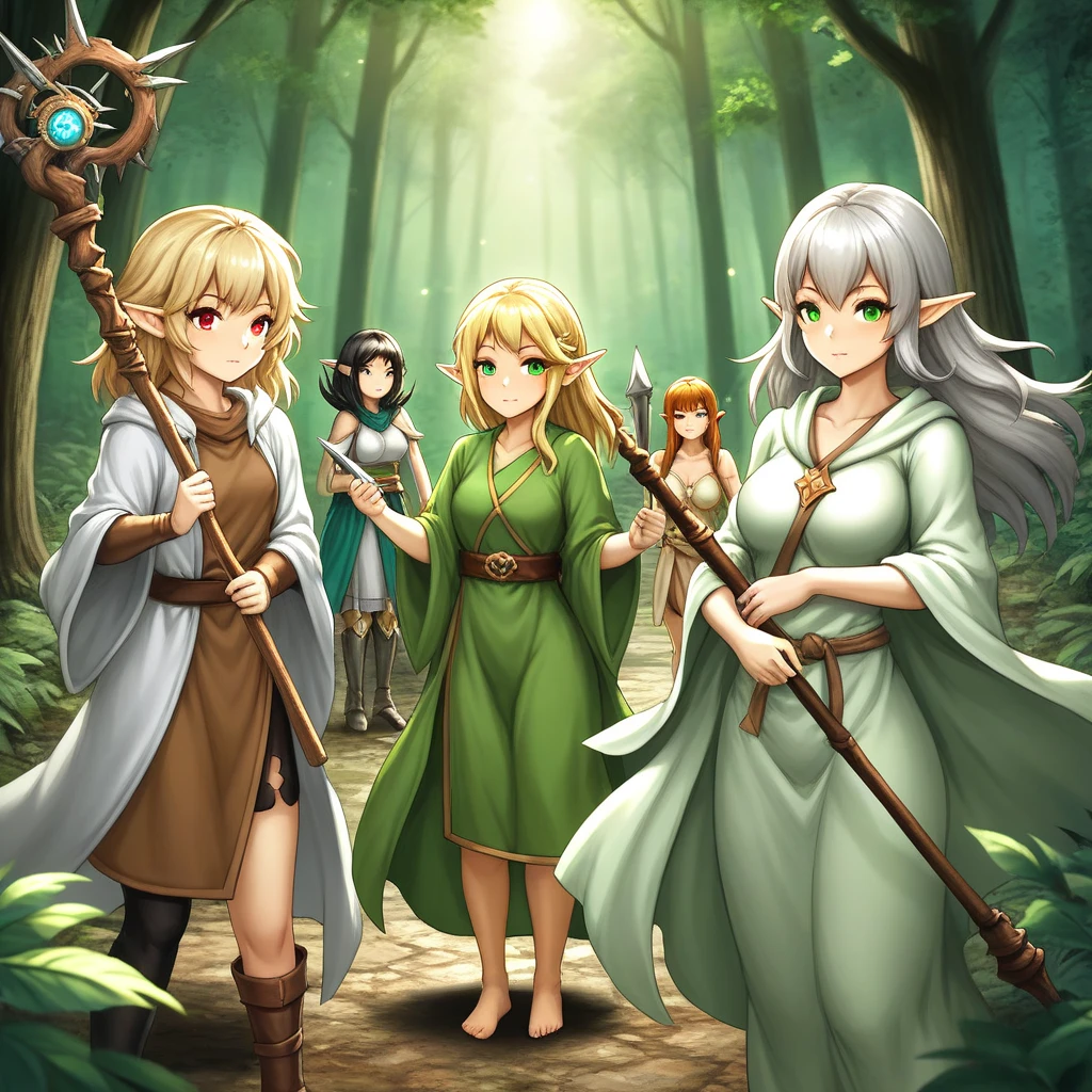 4girls, traveler party, fanasy, dungeon, taller knight girl with  long silver hair, assasin girl with a black bob hair in red and tunic holding blades, cleric healer with not normal hairstyle in silebr hair with a magic staff in green robes and tunic, elf in white robes and brown tunic with ling blonde hair, in a forest togetherHigh Resolution, Anatomically Correct, High Details, 