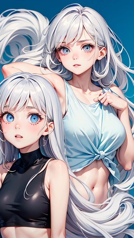 masterpiece, best quality, Delicate face, Heterochromia of the Eyes,Perfect hands, flat chest, HD, best quality, (Looking at the audience, Sleepy), ((1 Girl)),Cowboy shooting,thigh, Forrina,short hair,((Gradient hair)),Colorful eyes, Gradient eyes, (Fashion Makeup), blush, Messy hair, White shirt, Off-shoulder, Nude shirt, No pants, lie, bare arm, shorts, Bare legs, bedroom