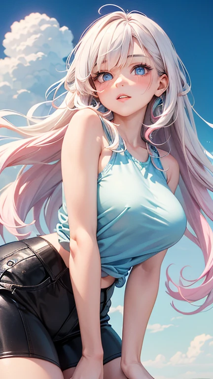 realistic, high resolution, 1 woman, white wavy hair, Korea, Heterochromic eyes, Small mole under the eye, loose white shirt, skinny denim shorts, big breasts, thigh, Visible masterpiece underwear, realism