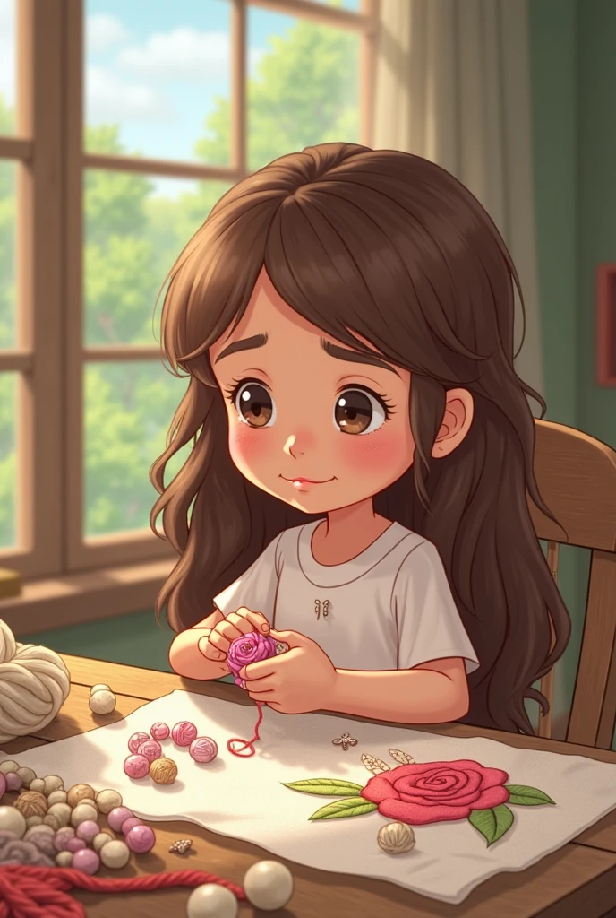 Laura is fat childish round face, olhos castanhos, cabelo grande crespo, pele clara. Laura adora pintar ao ar livre, Your clothes are always dirty with paint, In his hands are colorful brushes and under his desk is a beautiful painting of the color of Crsito in the colors pink and orange