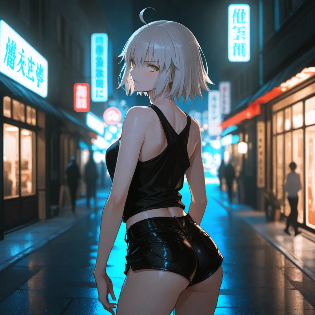 nsfw, masterpiece, 1 girl, erect nipples, navel, intricately detailed, topless, new york times square, night, neon lights, crossing, crowd, navel, necklace, holding smartphone, denim shorts, smiling, extremely detailed, photorealistic, octane render, 8 k, unreal engine. horse ears, horse tail, bare breasts, bare stomach, sweaty, people on background, heavy breathing, raining, puddle, wet body, hand on hips, small breasts