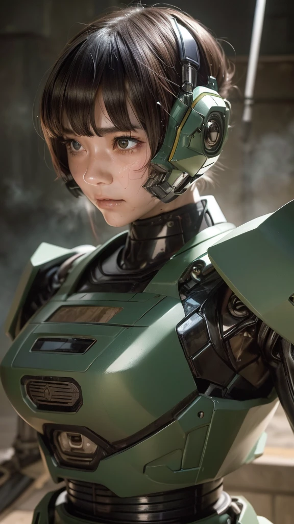 Textured skin, Very detailed, Attention to detail, high quality, 最high quality, High resolution, 1080P, hard disk, beautiful,(War Machine),beautifulサイボーグ女性,Mecha Cyborg Girl,BATTLE MODE,Girl with a mechanical body Black Hair Short Hair Boyish Light green armor Soaked Face liberation Met Off Side view whole body