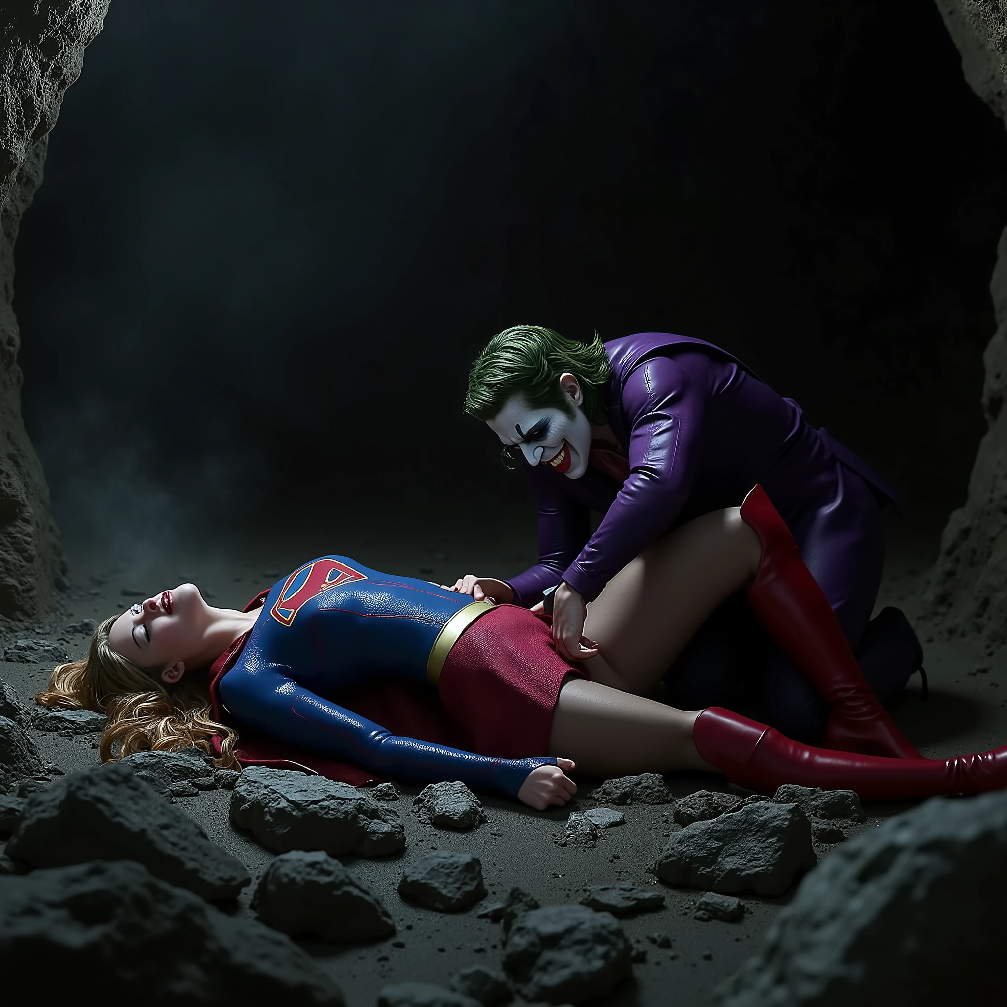 Supergirl is lying flat on the dirt, very bright white skin, can see whole body, She is wearing a thin black pantyhose, very short red skirt, flipped up skirt, red knee height long boots, blonde hair, unconsciousness, eyes close, painful face, Joker is bending over to Supergirl body, his left hand touch her leg, right hand touch her breast, photorealistic, hyperrealism, night time, underground cave,