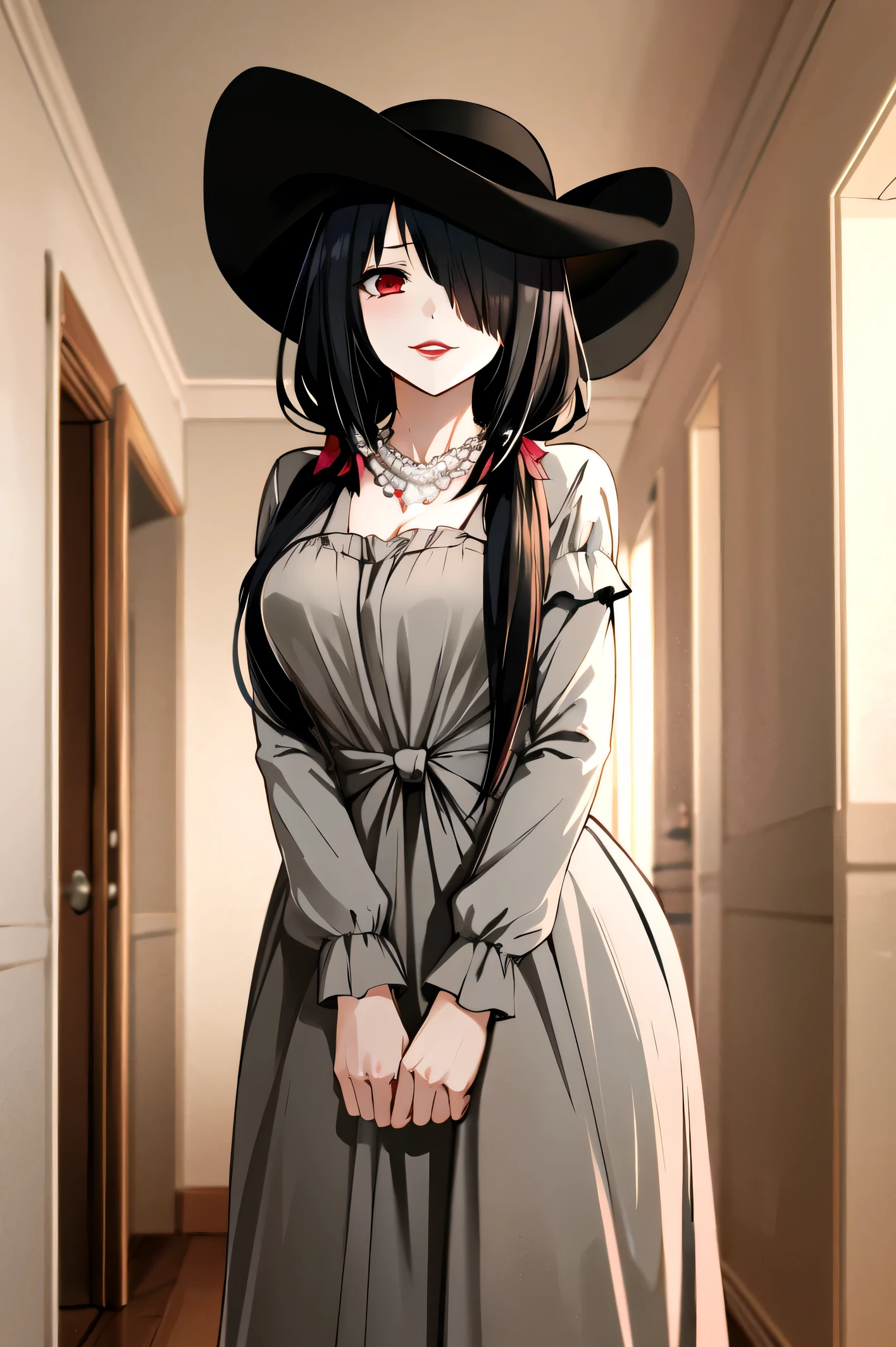 masterpiece, best quality, highres, 1girl, kurumi, long hair, hair over one eye, low twintails, sun hat , long dress , red lips , pearl necklace , black flower , black rose , tall female , hat over one eye , cowboy shot , room , room background ,