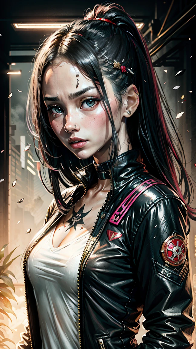 (((mulher))), (((melhor qualidade))), (((obra prima))), (((adulto))), Uma guerreira mulher de 35 anos com corpo perfeito, Gladiadores do Brooklyn, quase nua no estilo selvagem urbano de Simon Bisley para a capa da revista Heavy Metal, cabelos pretos com ponytail, Minimum clothing, red and white checkerboard pattern, armadura, cheio de pontas e rebites, tatuagem yakuza, (((do joelho pra cima))), cabelo cacheado