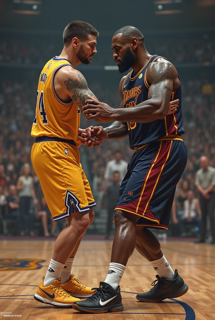 lebron james and stephen curry hugging each other after winning nba chmapionship on lakers