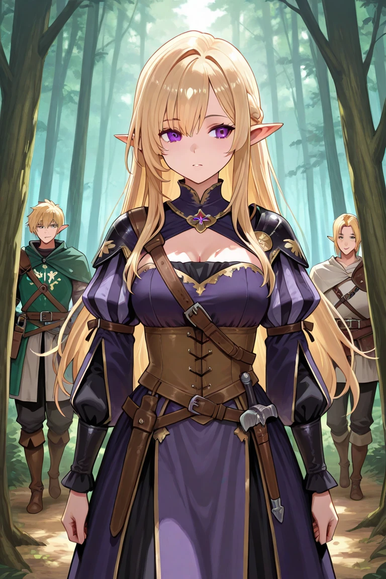 "An elf girl who looks 18 years old, pointy ears, green eyes, and long blonde hair, medium breasts. She wears a green strapless dress. He is standing in the middle of a lush forest, surrounded by tall trees and lush vegetation, anime style."