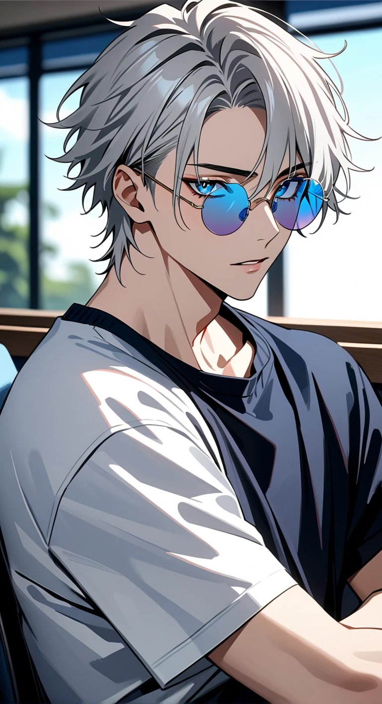 male high school student, masterpiece:1.5, masterpiece, 最High Quality, Jujutsu Kaisen,GOJO Satoru, 1 boy,  Silver Hair, casual hair, multicolor hair that matches the eye, Six Eyes,  jewelry, blue lenses that make your eyes see,Round sunglasses with, ultra high resolution, retina, masterpiece, accurate, 解剖学的にaccurate, textured skin, Super Details, Advanced Details, High Quality, 最High Quality,  Hi-Res Icon, 8k