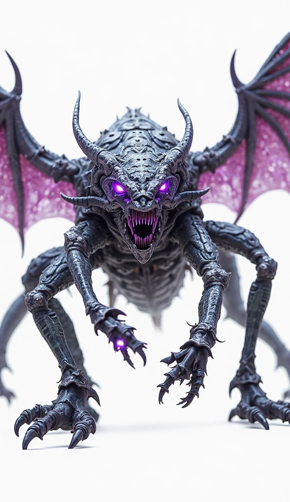 ultra-detailed illustration, very aesthetic concept art of alien dragon, a demon beast with a black skeleton and purple limbs and deformed wings, glowing red eyes, compound eyes, angry, starvation, long purple tongue, fangs, dynamic pose, dynamic angle, dutch angle, depth of field, chromatic aberration, glitch effect, light particles, dark fantasy, sci-fi, destroyed spaceport