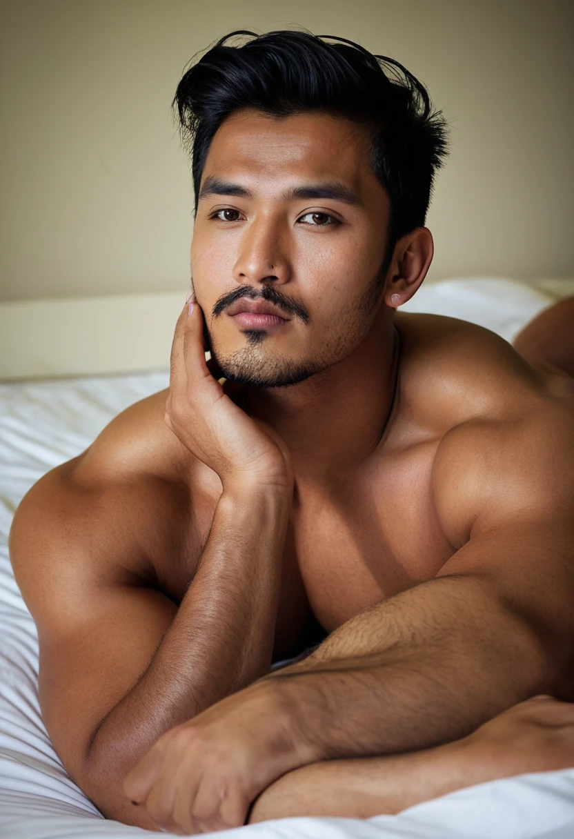 Young man, muscular ,in a detailed bedroom,Asian people,detailed background,Healthy body, manอายุ , thailand,Male Man,He about 20 years old.,Looks rough and handsome.,No clothes., ระบบmusculine,musculineขนาดใหญ่,Oversized chest muscles, waist circumference,bestquality, master-piece,wearing nothing, completely naked , Realistic, fully naked, nude, perfect , male , correct male scrotum, perfect scrotum, male structure, correct male genitelia, huge and veiny male genitelia, hard male genitalia, erect male genitalia,(musculine:1.5),(fat:1.5),(fat:1.5),(Gray Hair:1.5),(Chest hair: 1.5)(skin wrinkles:1.5),(Glossy on skin:0.5)