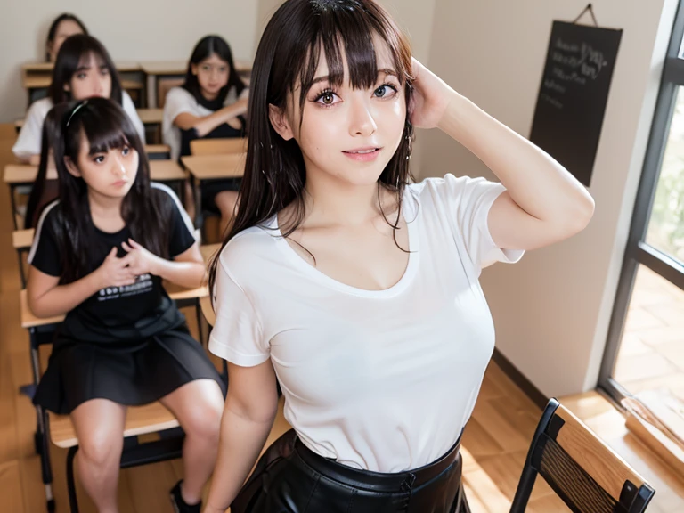 ((Highest quality, 8k, Representative works in detail, Ultra-high resolution)), (Looking at the audience), (Female college student taking a class), Attractive women, ((Big Breasts)), smile, ((Black Choker)), Slim figure, (Blue Eyes), Long eyelashes, bangs, Beautiful shiny brown hair, Nogizaka idol, Slim face、((uniform, classroom))、Dependents、Female student、sitting and listening to a lecture