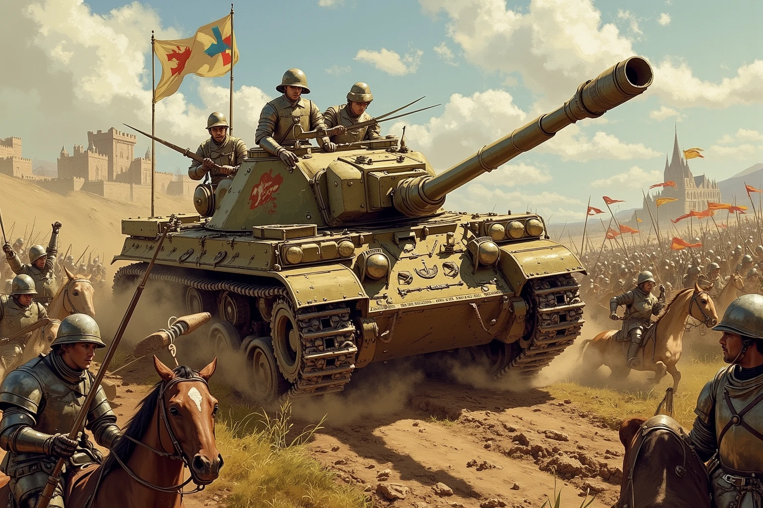 Tank slowly rolling forward in the wrong era. A WW2 tank rolls forward in the middle of a Medieval battlefield. Medieval armored soldiers stop fighting and make way for the odd machine in their presence. Armored knights on horseback ride near the tank trying to decide if it is a friend or enemy.