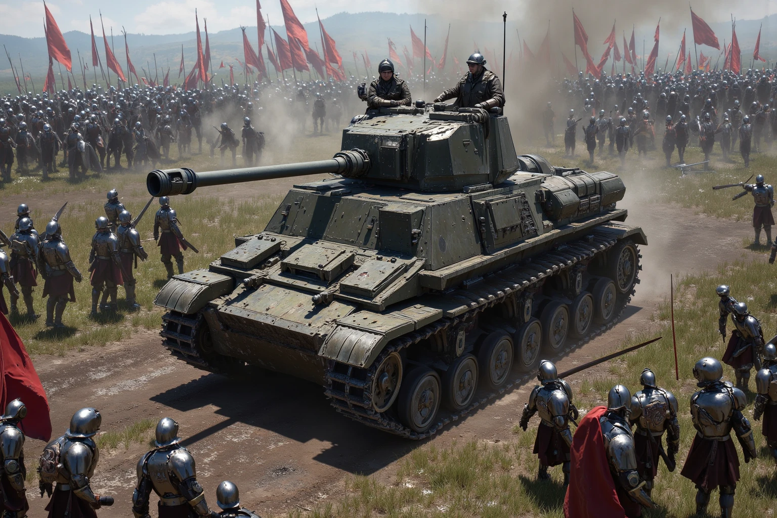 Tank slowly rolling forward in the wrong era. A WW2 tank rolls forward in the middle of a Medieval battlefield. Medieval armored soldiers stop fighting and make way for the odd machine in their presence. Armored knights on horseback ride near the tank trying to decide if it is a friend or enemy.