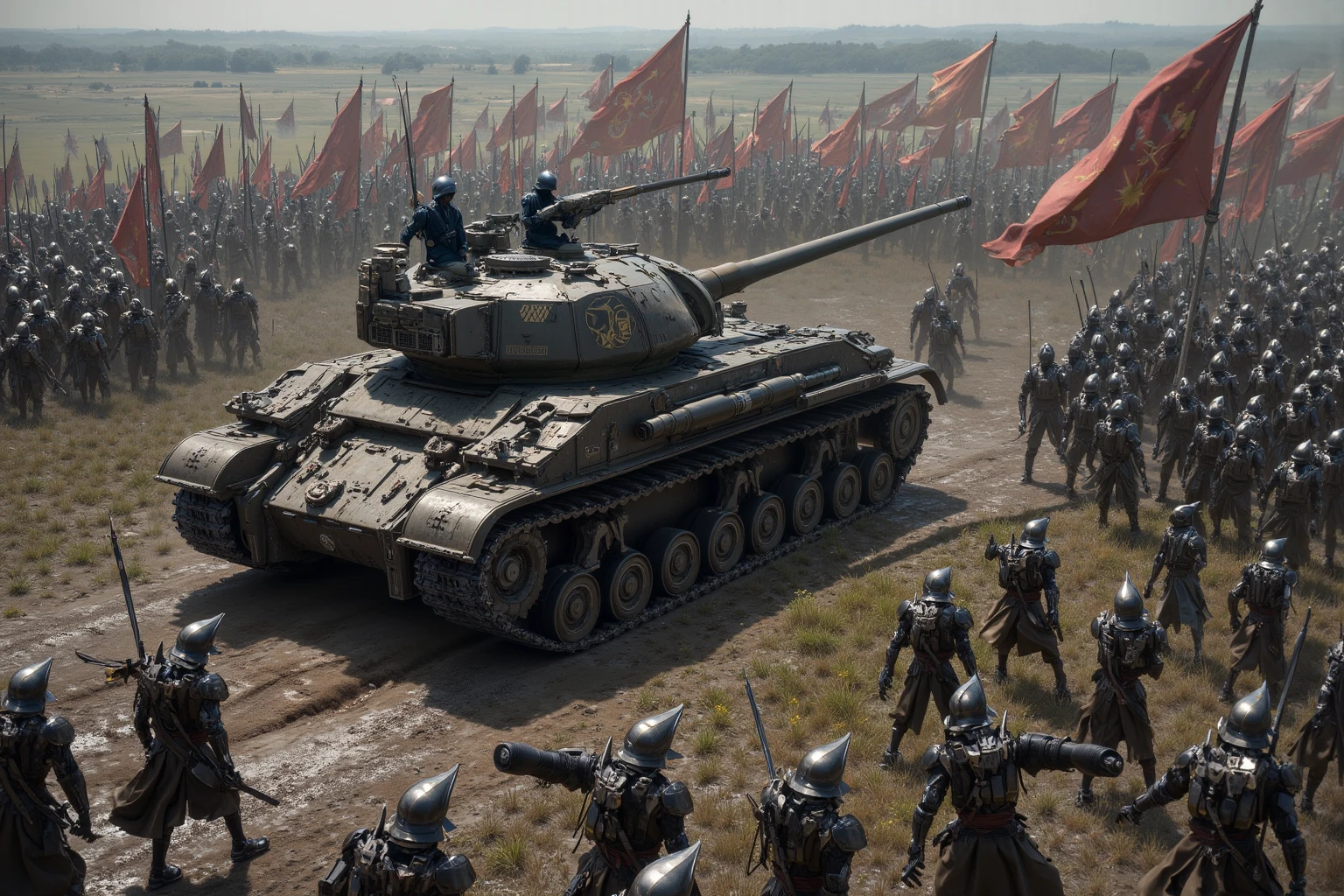 Tank slowly rolling forward in the wrong era. A WW2 tank rolls forward in the middle of a Medieval battlefield. Medieval armored soldiers stop fighting and make way for the odd machine in their presence. Armored knights on horseback ride near the tank trying to decide if it is a friend or enemy.