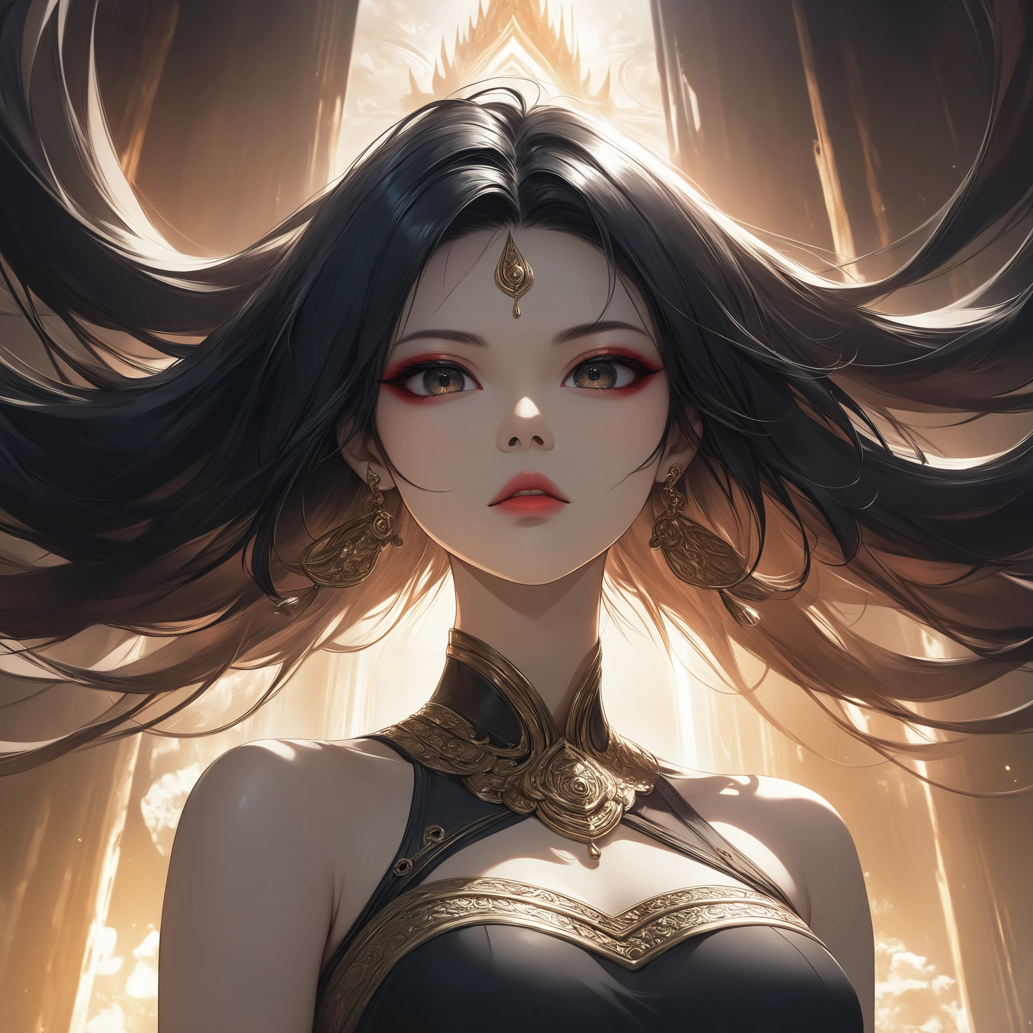 Female Swordsman Kimetso No Yaiba, Exquisite facial features, Three-dimensional facial features, Perfect face, Wearing a traditional samurai armor, Intricate katana by her side, Tresse hairstyle, Brown and shiny hair, Perfectly sharp and detailed samurai sword, Majestic-looking, Invincible, Top Photography Masters Award-Winning Works, Light particles surround, tmasterpiece, A high resolution, Luxury goods, Detail-rich, Strong and athletic physique, Female body type, Muscular arms, Sweat beading on her forehead, Detailed light and shadow, Night scene, Empty dojo, Dramatic pose,