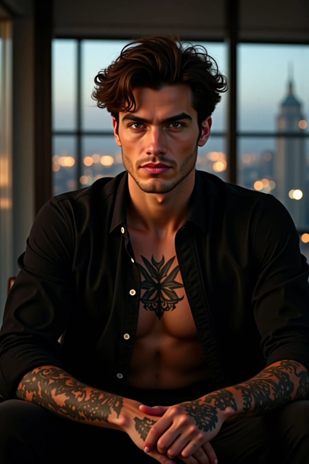 A young man AI high quality muscular tattoo name “ruy” and other tattoo fair skin tan light pink mouth with realistic bedroom background