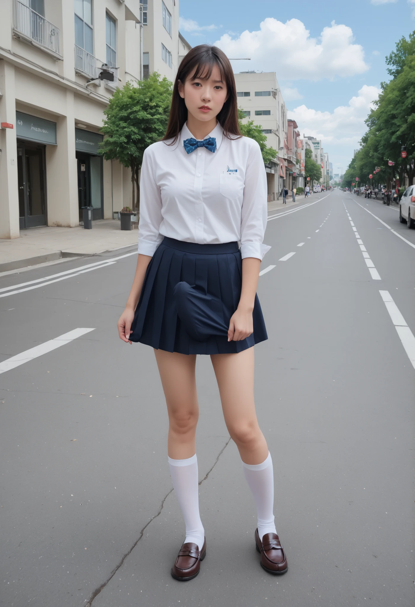 score_9, score_8_up, score_7_up, rating_explicit, high resolution pictures of Japanese women smoking sausages, photorealistic, masterpiece, best quality, solo, 1 girl, with two hands, intersex, Futanari, (white collared shirt, bow tie, skirt flipping, My big penis bulge is inside my pants), socks, loafers,
embarrassing, in their 40s, Knee shot, complicated details, perfect anatomy, perfect hand in h, Outdoors, Downtown, Sidewalk, blue sky and clouds,