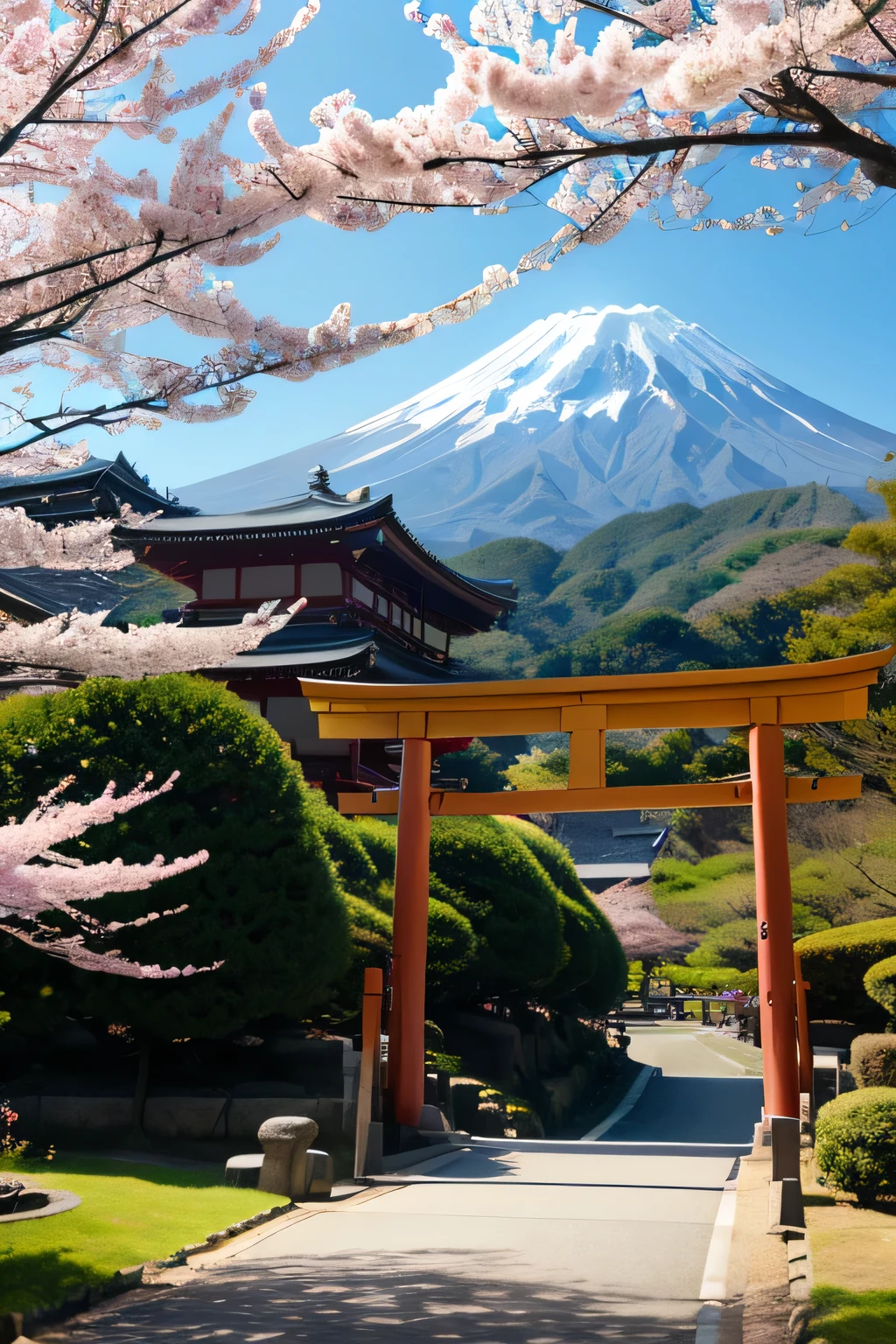 Please create a beautiful Japanese landscape painting with Mt. Fuji and red torii gates。The season is spring and please include cherry blossoms · Please create something more realistic in the style of a photo。
