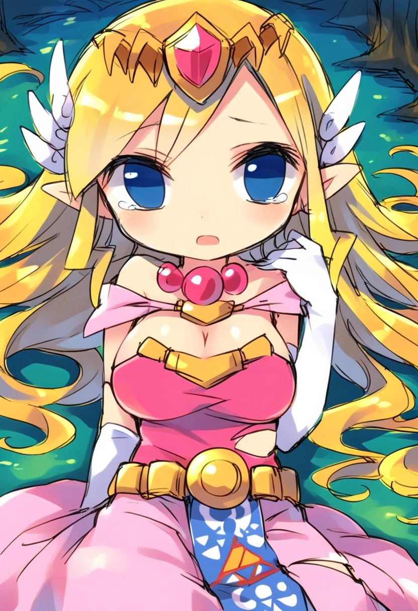 masterpiece, high quality, happy, open mouth, Feel Nilvalen, symbol-shaped pupils, detailed background, gem, high heels, full body, 1girl, solo, elf, purple eyes, blonde hair, pointy ears, flower on ear, forehead jewel, multicolored hair, white dress, pink hair, long hair, white flower, large breasts, hand up, <lora:Feel_Nilvalen_Gamma_50:0.7>