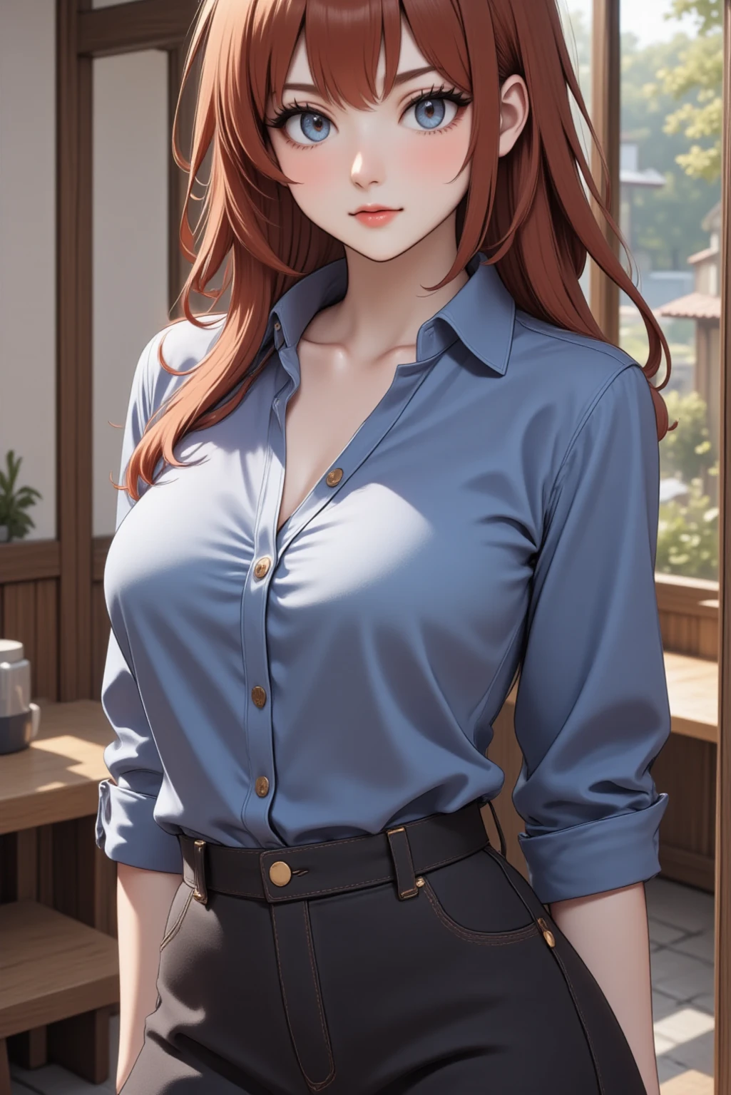 (masterpiece, best quality:1.2), solo, 1girl, red hair, yellow eyes, makima,, unbuttoned shirt with collar, on the chest, a lot of, black unbuttoned pants, wide hips,