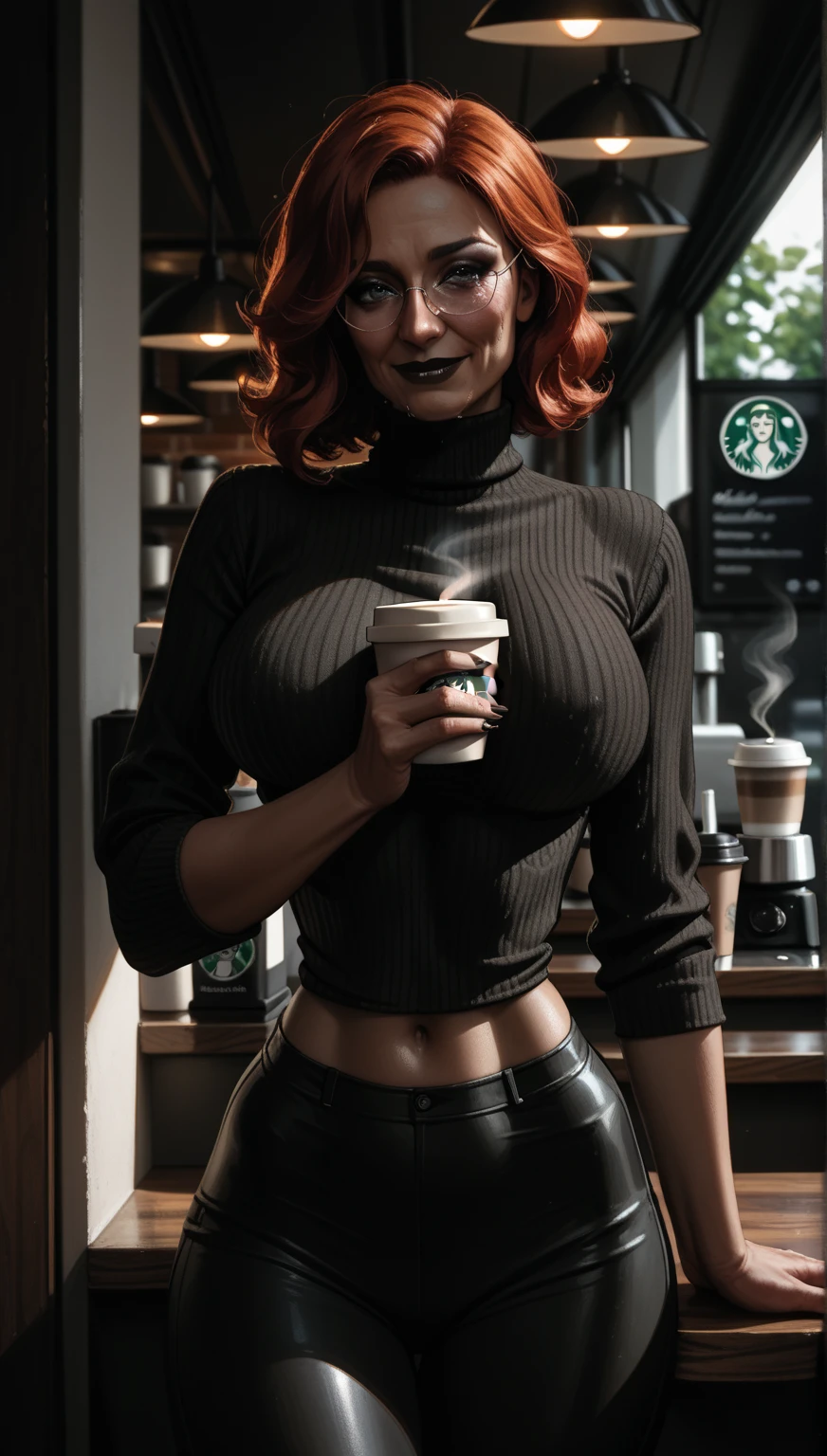 (extremely detailed CG unity 8k wallpaper) full body portrait of the most beautiful barista girl in the world, (mid shot:1. 4), (extreme close up:1. 3), eye focus, beautiful barista serving coffee behind the counter, (blush:1. 3) (freckles:0. 75), detailed symmetrical face, (ponytail hair), ((bangs)), ((hayzel eyes)), ((crimson hair:1. 3)), reflective eyes, (detailed eyes), makeup, (red lipstick), (shiny lips), (big breast) prominent cheekbones, (smile), cozy, (heavy eyeshadow), ((tattoos)), detailed lighting, rim lighting, dramatic lighting, chiaroscuro, (brown wool cardigan:1. 2), ((white lace crop top)), (lace), midriff, ((high waisted white jeans:1. 3)), ((white pants)), (cleavage), cafe, modern interior design, stomach muscles, (from front:1. 4), professional majestic impressionism oil painting by Waterhouse, John Constable, Ed Blinkey, Atey Ghailan, Studio Ghibli, by Jeremy Mann, Greg Manchess, Antonio Moro, trending on ArtStation, trending on CGSociety, Intricate, High Detail, dramatic, makoto shinkai kyoto, trending on artstation, trending on CGsociety