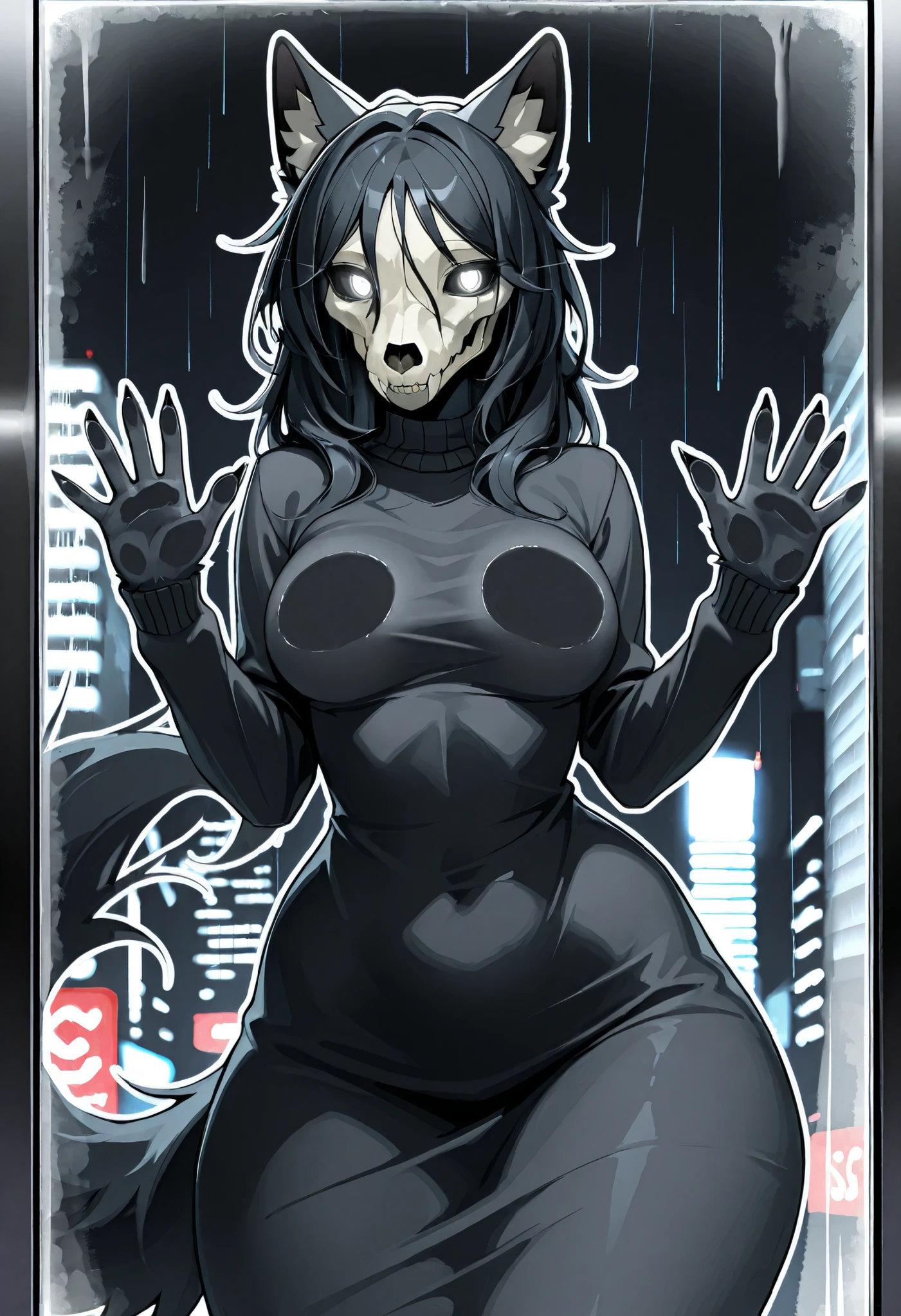 (masterpiece, best quality, high quality, highres, ultra-detailed, white outline skin), 1girl, solo, mature female, anthro, furry, female, girl, canine, scp-1471, mal0, black fur, black hair, long hair, Black sclera, white iris, perfect body, curvy, breasts, wide hips, body pressing against glass wall, open arms, standing, black background, light smile,, black dress, sweater, white eyes, glowing eyes, skull face, arms pressing glass, city background, raining outside, medium breasts, sharp nails, fangs,