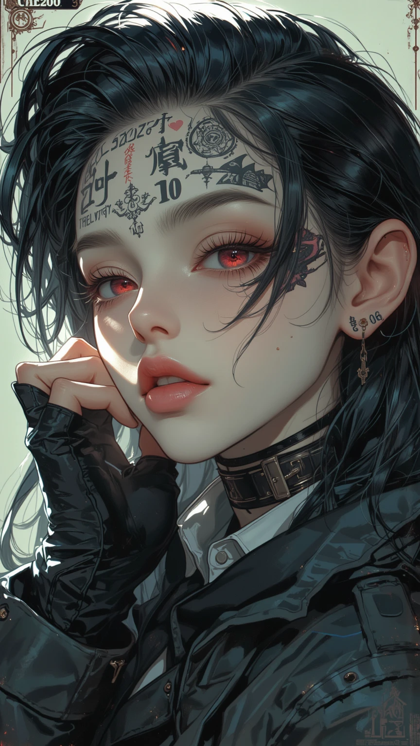 outdoor,(telephoto lens,full body),gyaru,weep,tears, slender fingers, exquisite facial features, prefect face,illustration,horror girl, tattoos, portrait of the god of death, angel of death, demon noble character design, Peter Morbach style, demon soul concept art,Cotton hoodie,unbuttoned clothes,,