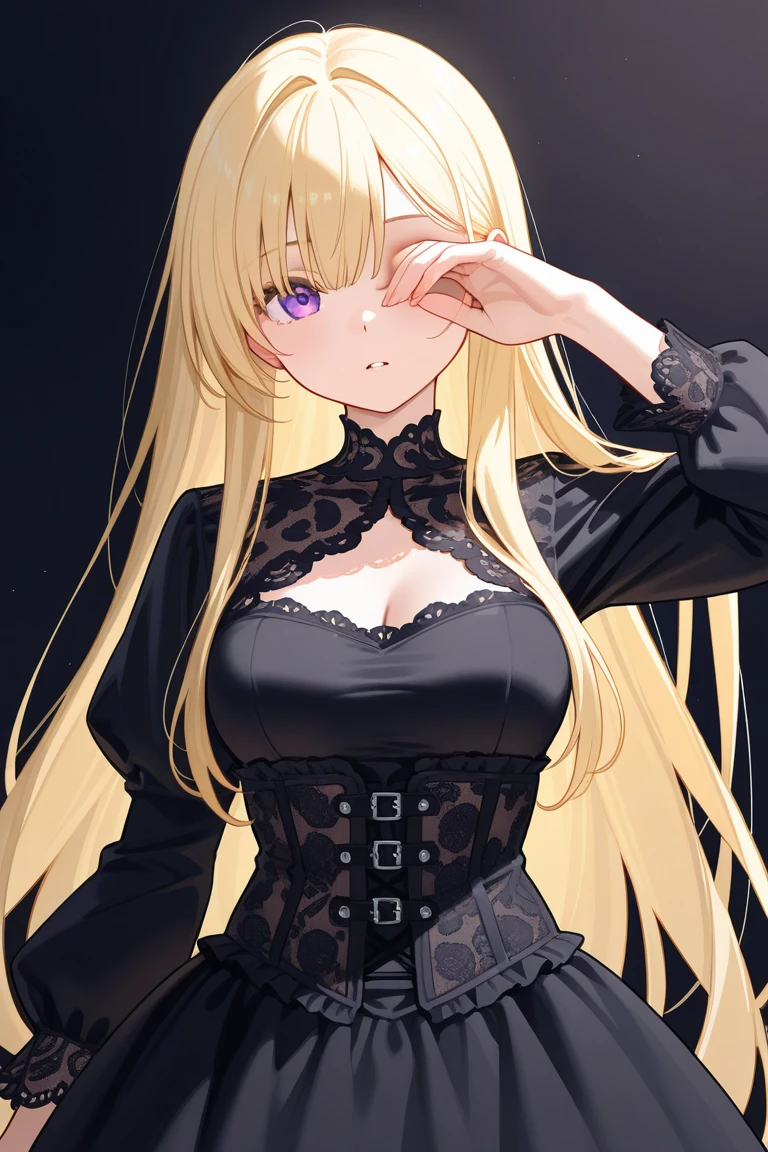 (((Adult woman))), pink eyes, (long blonde hair), black swan dress