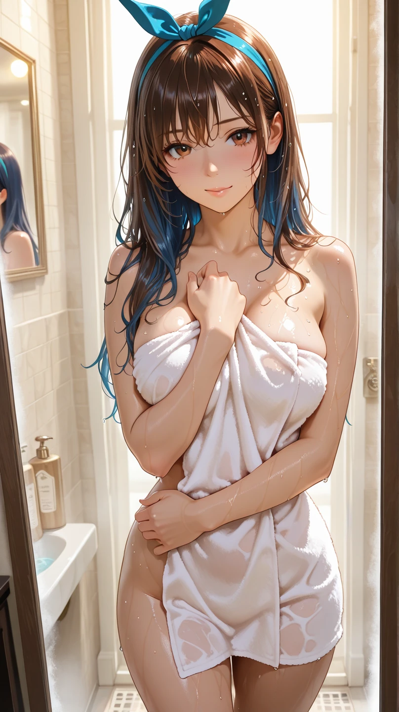 ((perfect anatomy:1.2,realistic:1.3,RAW Photography:1.,masterpiece、highest quality、Ultra - High resolution、High resolution、Highly detailed CG、8K)),cowboy shot,1 female,solo、18 year old beauty,Japanese,((beautiful detailed face and eyes:1.3,big gorgeous eyes:1.3,gray eyes)),long hair,straight hair,blunt bangs,crying,blush,drooling,((medium breasts,slender body,small head:1.3,skinny)),((wet:1.7,take a shower:1.5)),(naked,clavicle、nipples,navel、vagina,bottomless,barefoot),simple shower room、indoor、