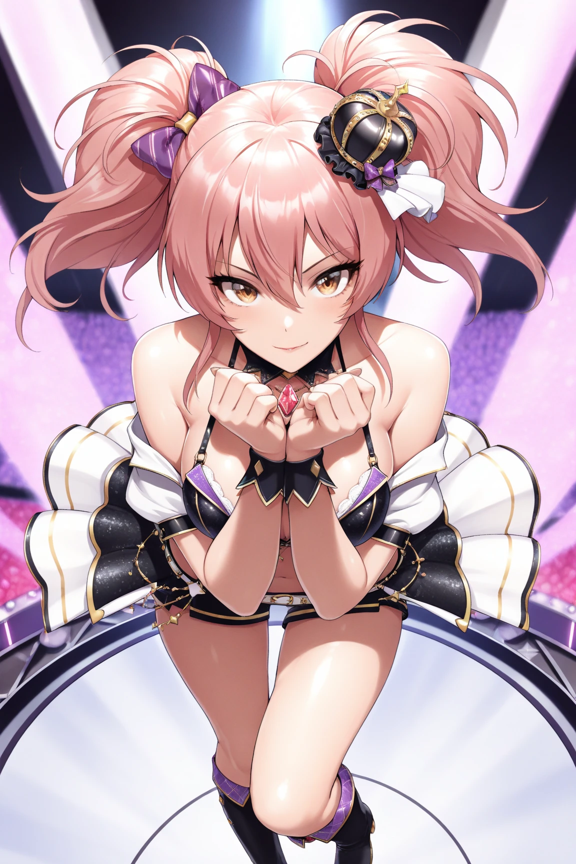 hmmr1, nishino flower \(umamusume\), asagioutfit, bare shoulders, purple gloves, skin tight, shiny clothes, impossible bodysuit, purple bodysuit, sleeveless, fishnets, elbow gloves, shiny,arms behind head ,smile,standing,three ,cowboy shot