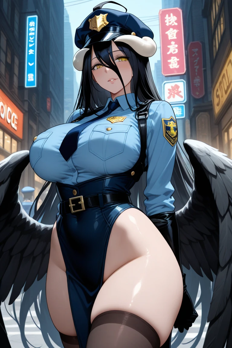 masterpiece, highest quality, High Resolution, alone, Are standing, Adult female, Light blue clothes, Police uniform, Black Hair, Bat Wings, short hair, blue eyes, Wicked Smile, Wicked Smile, mini skirt, Police uniform, prison, prison、Camel Toe、Giant tit、Nipple Puffs、Cleavage、Plump、Super big breasts、Super big butt