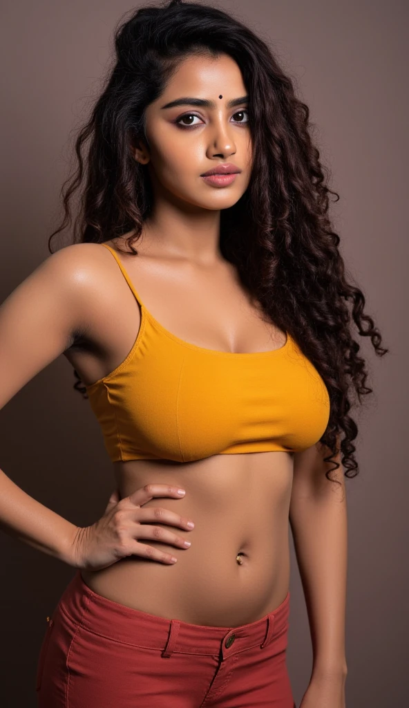 (ultra real), (full body), (high resolution), (8K), (very detailed), (best illustration), (beautiful detailed eyes), tanned brunette Brazilian girl, curly hair, wearing yellow strapless t-shirt