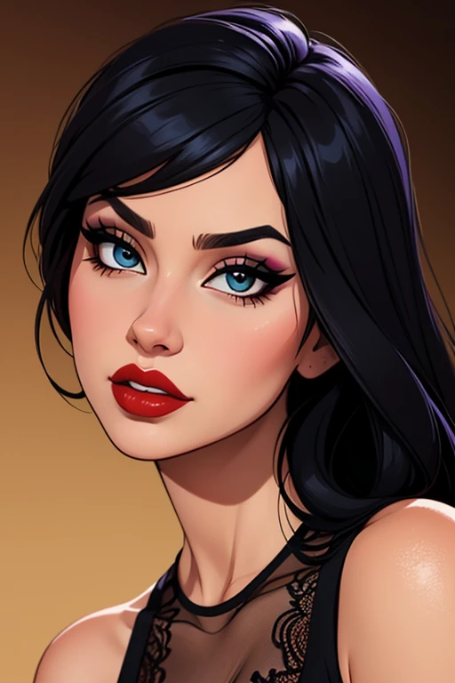Semi-realistic Spider-Verse comic panels. Curvy woman,delicate innocent face with freckles and hints throughout the body,red lips,dark brown eyes with gold,long, very curly loose black-blue hair in the middle,black tight short dress with long sleeves and a square neckline,black open high heels,long white nails,silver rings,thin silver necklaces,silver ear piercing,Caucasian skin,mandala rose tattoo on the middle of the back,shadow effect,Inside a mansion,looking at herself in the mirror taking a full body photo