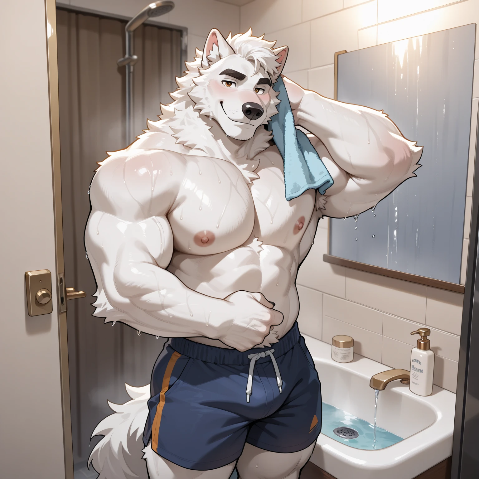 He is chubby, loaded with immense plump, extremely thick thighs, wearing only red swim trunks, pulseiras de couro, He is holding the gigantic phallus, he is taking a shower in the bathroom, corpo parcialmente coberto com espuma do shampoo, steam in dog medium height. Fotografia de corpo completo foto de corpo inteiro,