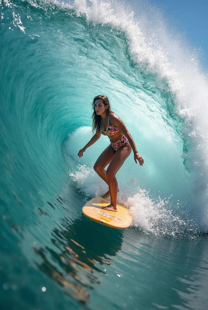 (RAW image quality:1.4), extreme sports photography, surfing, riding along huge Wave, Thrilling tension, selfie medium shot, Half body, young girl, Japanese, 15 years old, bikini, Oceanの背景, Wave, Ocean, shape, high texture, realistic effect, biologically correct,