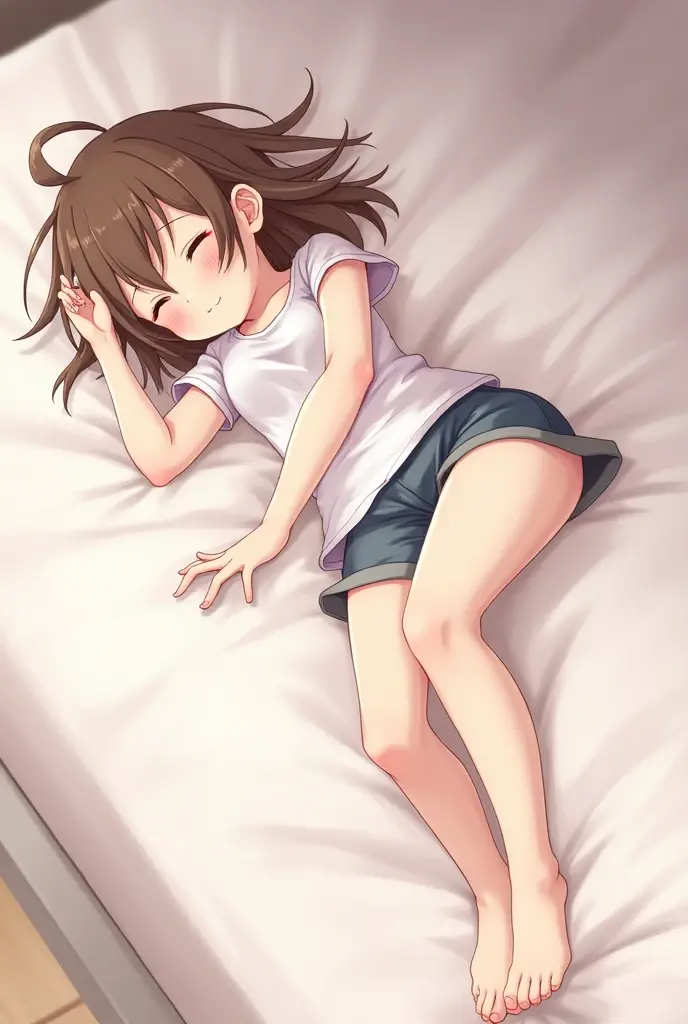 Brown haired anime girl in shorts lying down with her legs spread wide blushing asleep