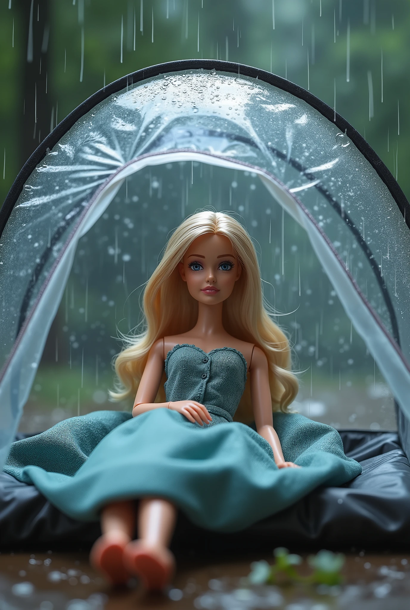 Create a scene featuring a Barbie doll lying inside a small, transparent vinyl tent designed for one. The tent is being pelted by heavy rain, with droplets cascading down and condensation forming on the inside. Barbie appears bored, her expression reflecting the dreary weather outside.