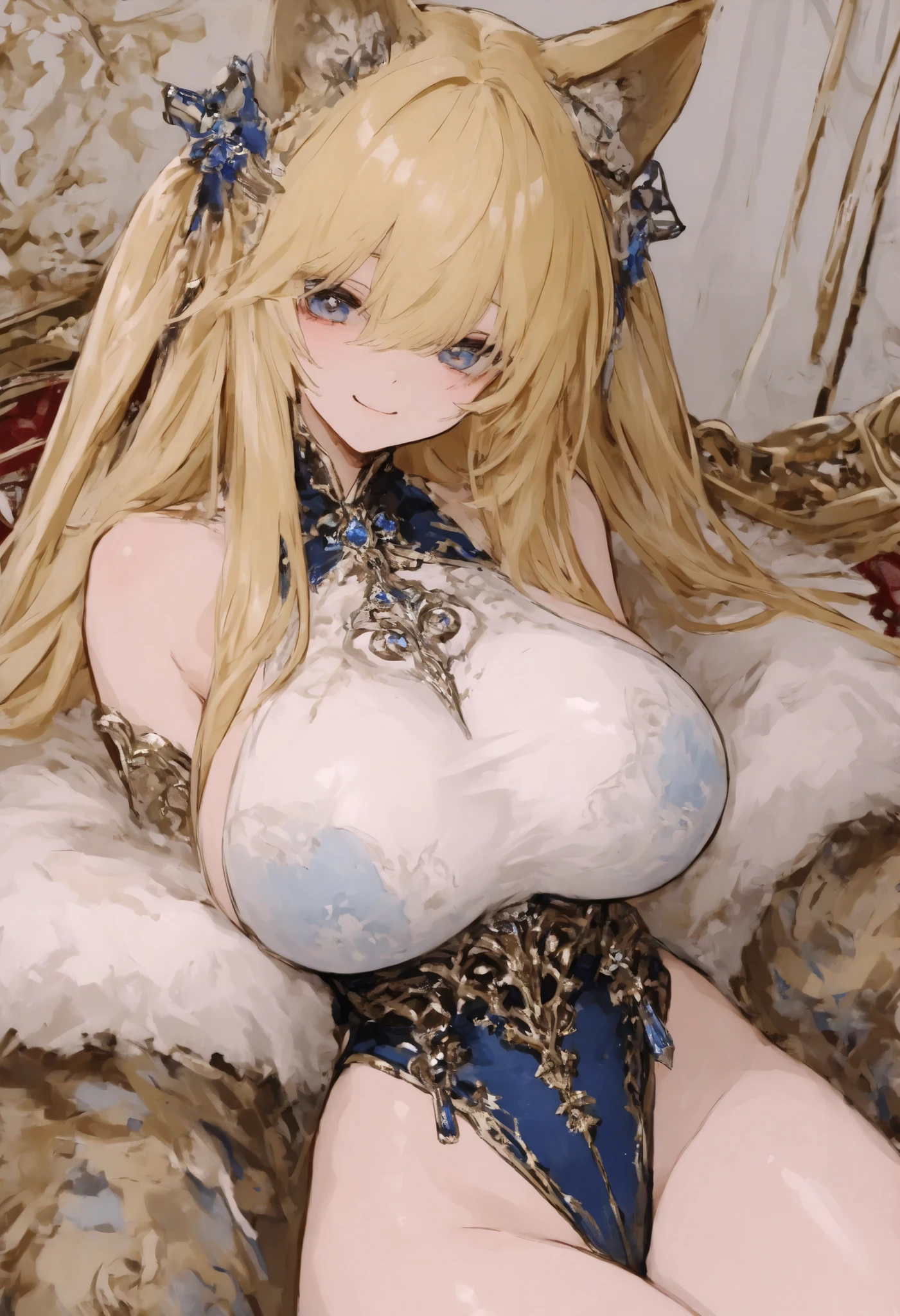 ((Highest quality、High resolution))、Unparalleled beauty、Perfect body、Accurate body、Beautiful and bountiful breasts、long blond、bangs、embellished sexy dress、skirt、Sexually excited expression、Spread your legs、((To sexually seduce))