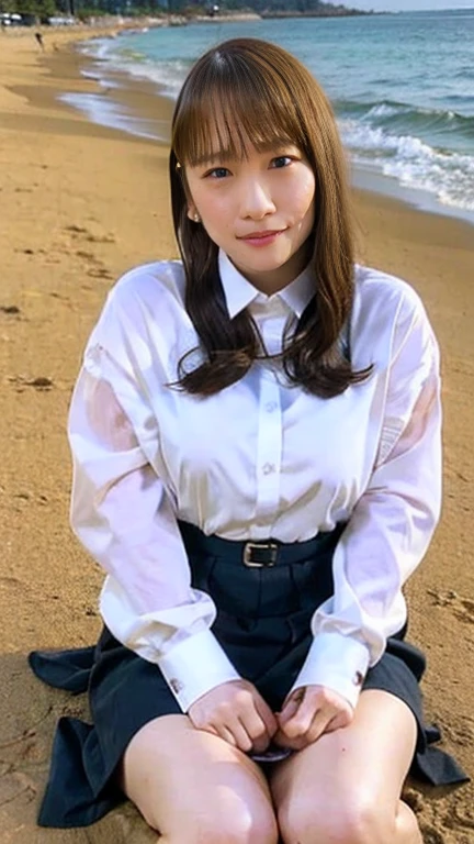8k, Raw photo, highest quality, masterpiece:1.2), masterpiece, highest quality, figure, Very detailed, Fine details, High resolution, 8k,wallpaper, Perfect dynamic composition,(Detailed high quality, Realistic depiction of eyes:1.3)、A woman who has been and has her hands tied、Arms wrapped around his back、Standing on a yacht on the sea、Pleated skirt flipped up by strong wind、whole body、White panties are visible、The whole thing faces forward、21talent、Beauty、Well-formed face、Make your eyes even、Beautiful black hair、Has bangedium build、Well-balanced proportions、Beautiful legs、Short sleeve blouse、Fresh face、Beautiful scenery、