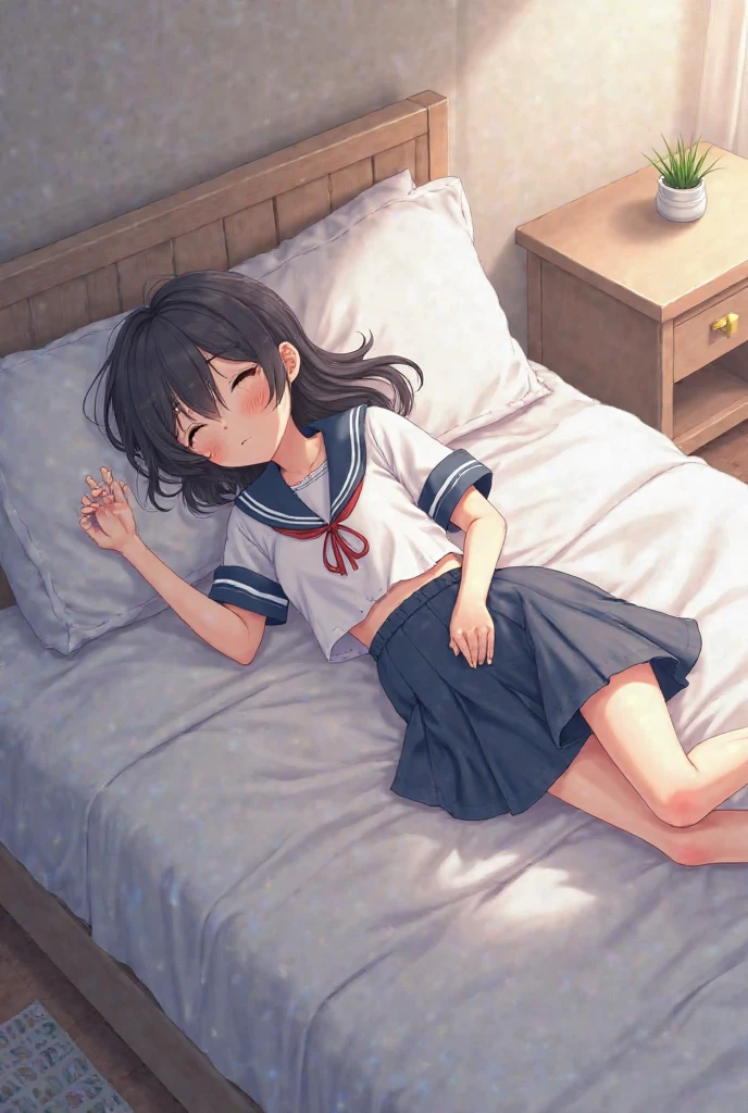 Girl in school uniform lying on her stomach on the bed