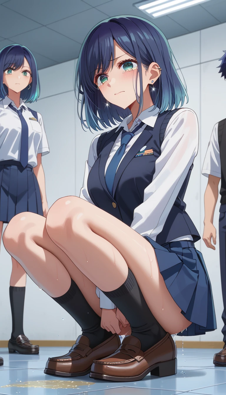 Beautiful lighting, One Girl, solo, Akane, White shirt, (((skirt))),Sweater vest, Black vest, Blue tie, ((Anime Style))、((2D))、Laughter、Open your mouth、Look forward,((Cotton panties with crotch)),(((skirtめくり, I can see your pants))),squat,squat,squat,squat,Spread your legs,Spread your legs,From below,blush,Embarrassing,skirtを持ち上げる,(((put your hand inside your panties))), (( Masturbating by touching the vagina with your fingers)), love juice spilling on the floor, liquid splashing from girl'Between the legs,Squirting,Squirting,whole body,nsfw