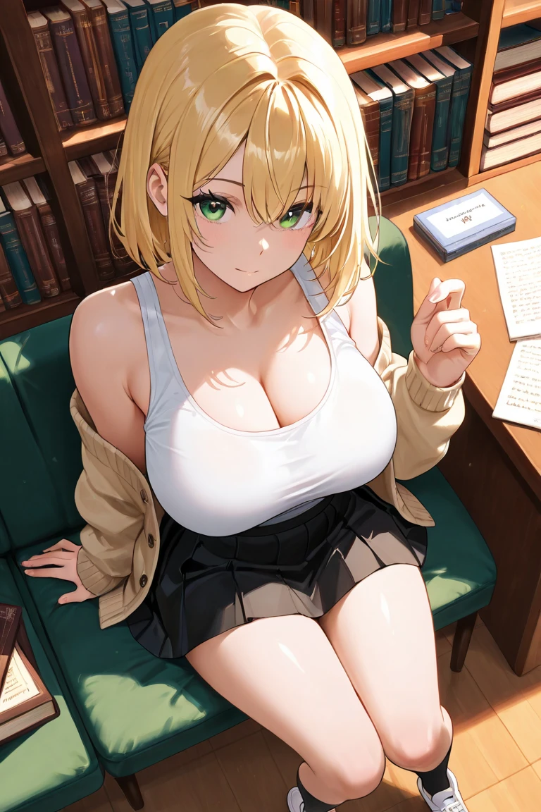 masterpiece, best quality, finely detailed, high resolution, extremely delicate and beautiful, Volumetric Lighting, Best Shadows, Shallow Depth of Field, 1 woman, blonde, pink eyes, (huge breasts), halter top, pleated skirt, sitting, room, bookshelf,