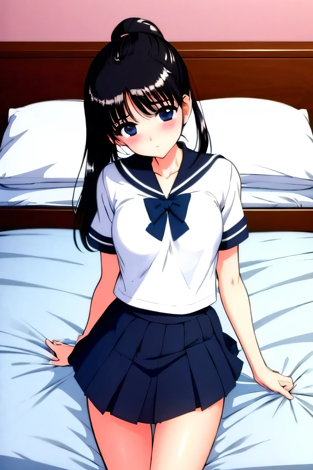 black hair、ponytails、、1girl,blush,school uniform, middle breast, sailor suit, small 、
is uneasy、furrowed brow,scowl,hotel、bed、