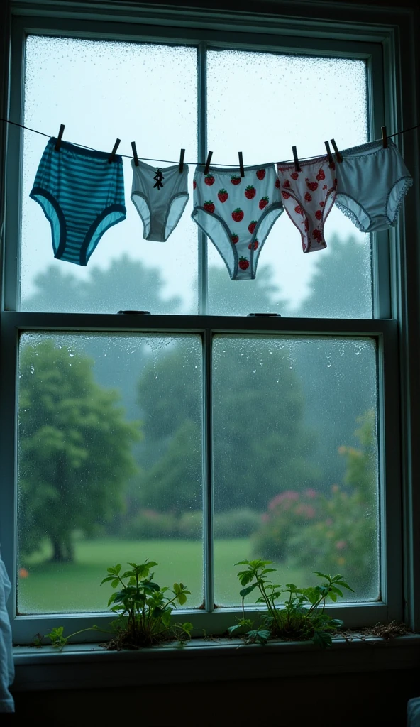 masterpiece, best quality, highest quality, 4K, 8K, rain, cloudy sky, large window dripping with rain, outside the house but not inside, weeds under the window sill,  hanging out to dry inside the house, light blue horizontal striped panties hanging out to dry inside the house, light blue horizontal striped panties hanging out to dry, strawberry patterned , strawberry patterned panties hanging out to dry, lots of panties hanging out to dry, white , white panties with ribbon accents hanging out to dry, lots of panties hanging out to dry, faint glimpse of a fire in the fireplace, rain-clouded window, rain-covered window, nobody there, no sign of life, strange sight, looking into a room through a clouded window from outside,