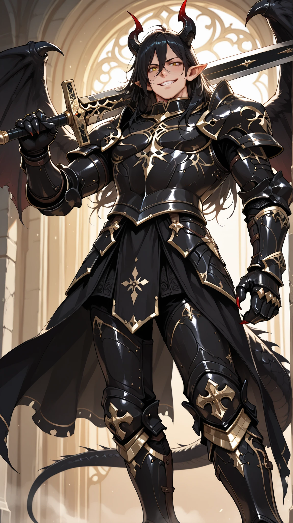 (masterpiece, best quality: 1. 5), highres, 8K, CG, (((Anime))), (1 male), lean body, (masculine), (floating in the air), weredragon, japanese anime style, glossy black, shiny black leather, ((beautiful golden eyes, finely detailed eyes, bright eyes, vertical iris)), hair between eyes, long hair, sideburns, wild hair, (sly grin, smirk, evil smile), teeth, confident, black hair, (ultra detailed face), shiny skin, long pointy ears, twisted torso, long-legged, sculpted face, wasp waist, dragon’s horn, dragon’s tail, dragon’s wings, dragon’s sharp claws, ((black armor with a lot of grandiose decorations)), half dragon half human, dramatic angle, dynamic posture, (holding giant sword on shoulder), ultra detailed black armor, black armor with gold accent, all black outfit, whole body, emphasize face, focused expression, sharp focus, oblique angle, good-looking man, well-polished black armor, charismatic pose, (best illustration), cinematic, super detailed, dramatic lighting, (intricate detail, super detail, extreme detailed), reflection, pearly luster, ((highly detailed artwork)), dramatic shadows, tenebrism, chiaroscuro, wonderful pose, chiseled features, stark contrast, heavy shadows, detailed black decorations, beautiful and aesthetic, photoreal, from below, (mysteriously crafted black metal armor: 1. 5), sparkling accessories, thick and luxuriant hair, ultra detailed fantasy black armor, dressed in black, broad shoulder, sharp eyes, true-to-life visuals, artistically refined, dramatic contrasts, ((extremely delicate and beautiful armor, elaborate armor details)), dark armor, toned male, exquisite goldwork, wonderful black armor, armor with intricate engravings, (armor-type boots), ((detailed shoulder armor with intricate engravings, gold accent black armor)), (128K Ultra High Resolution), very gorgeous and dazzling, dark fantasy black knight, slim waistlines, wide chested, sinewy body, splendid scenery background, (((Hyper Detailed & Perfectly Designed Black Armor)))